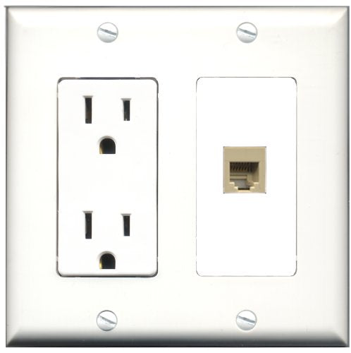 RiteAV - 15 Amp Power Outlet and 1 Port Phone RJ11 RJ12 Punchdown Beige Decorative Type Wall Plate White