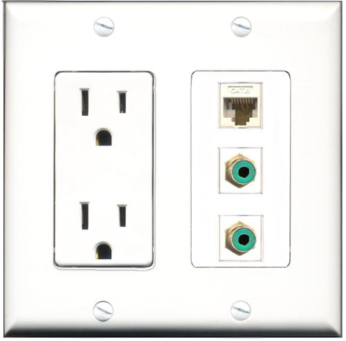 RiteAV - 15 Amp Power Outlet 2 Port RCA Green 1 Port Cat6 Ethernet Ethernet White Decorative Wall Plate