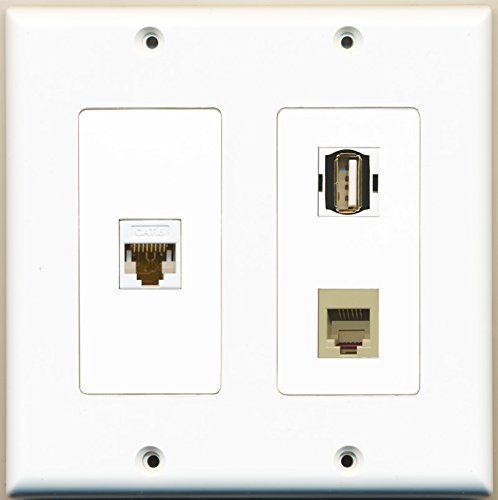 RiteAV - 1 Port USB A-A 1 Port Phone RJ11 RJ12 Beige 1 Port Cat6 Ethernet White - 2 Gang Wall Plate