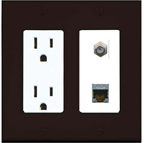 RiteAV - 15 Amp Power Outlet 1 Port Coax Cable TV- F-Type and Shielded Cat6 Ethernet Wall Plate - Brown/White