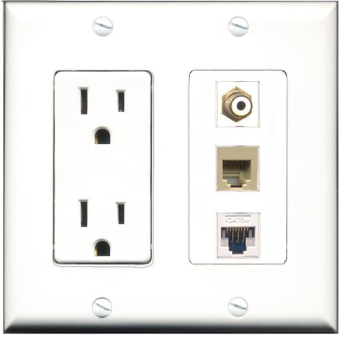 RiteAV - 15 Amp Power Outlet 1 Port RCA White 1 Port Phone Beige 1 Port Cat5e Ethernet White Decorative Wall Plate
