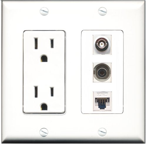 RiteAV - 15 Amp Power Outlet 1 Port 3.5mm 1 Port BNC 1 Port Cat5e Ethernet White Decorative Wall Plate