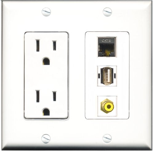 RiteAV - 15 Amp Power Outlet 1 Port RCA Yellow 1 Port USB A-A 1 Port Shielded Cat6 Ethernet Ethernet Decorative Wall Plate