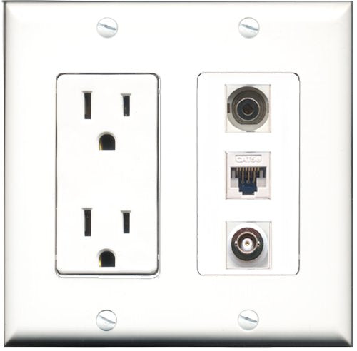 RiteAV - 15 Amp Power Outlet 1 Port 3.5mm 1 Port BNC 1 Port Cat5e Ethernet White Decorative Wall Plate