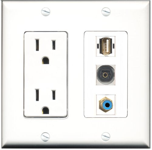 RiteAV - 15 Amp Power Outlet 1 Port RCA Blue 1 Port USB A-A 1 Port Toslink Decorative Wall Plate