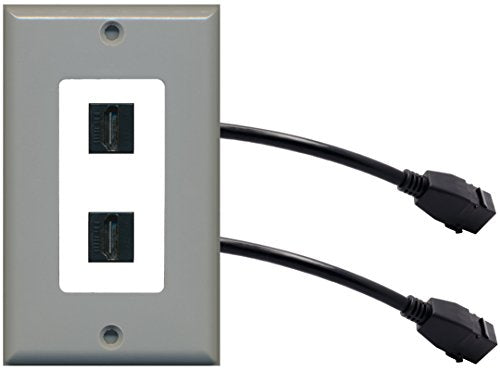 RiteAV (1 Gang Decorative) 2 HDMI Black Wall Plate w/ Pigtail Extension Cable Gray on White