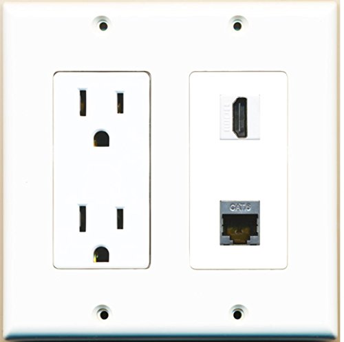 RiteAV - 15 Amp Power Outlet and 1 Port HDMI and 1 Port Shielded Cat6 Ethernet Decorative Type Wall Plate - White