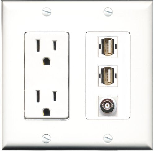 RiteAV - 15 Amp Power Outlet 2 Port USB A-A 1 Port BNC Decorative Wall Plate