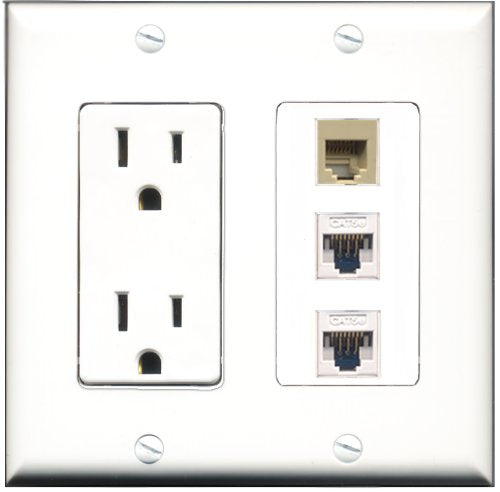 RiteAV - 15 Amp Power Outlet 1 Port Phone Beige 2 Port Cat5e Ethernet White Decorative Wall Plate