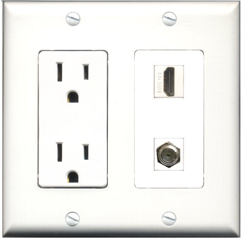 RiteAV - 15 Amp Power Outlet and 1 Port HDMI and 1 Port Coax Cable TV- F-Type Decorative Type Wall Plate White