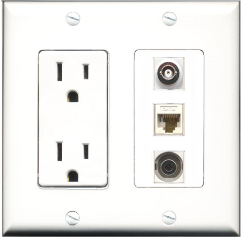 RiteAV - 15 Amp Power Outlet 1 Port 3.5mm 1 Port BNC 1 Port Cat6 Ethernet Ethernet White Decorative Wall Plate