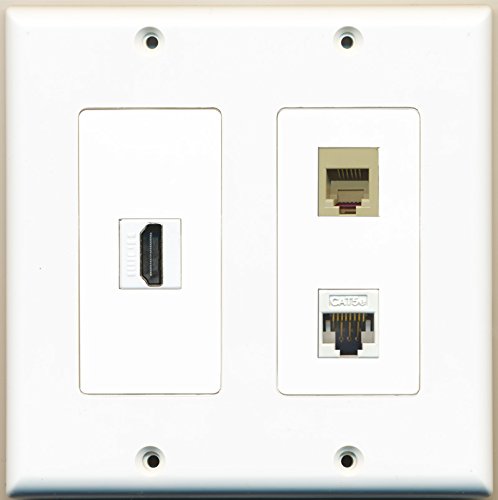 RiteAV - 1 Port HDMI 1 Port Phone RJ11 RJ12 Beige 1 Port Cat5e Ethernet White - 2 Gang Wall Plate
