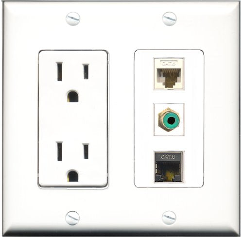 RiteAV - 15 Amp Power Outlet 1 Port RCA Green 1 Port Shielded Cat6 Ethernet Ethernet 1 Port Cat6 Ethernet Ethernet White Decorative Wall Plate