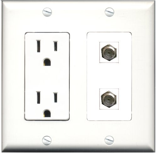 RiteAV - 15 Amp Power Outlet 2 Port Coax Cable TV- F-Type Decorative Type Wall Plate White
