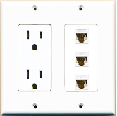 RiteAV (2 Gang Decorative) 15A Power Outlet 3 Cat6 White Wall Plate White