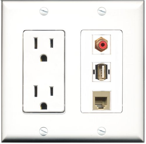 RiteAV - 15 Amp Power Outlet 1 Port RCA Red 1 Port USB A-A 1 Port Phone Beige Decorative Wall Plate