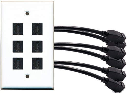 RiteAV (1 Gang Flat) 6 HDMI Black Wall Plate w/ Pigtail Extension Cable