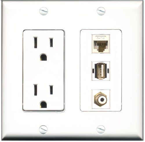RiteAV - 15 Amp Power Outlet 1 Port RCA White 1 Port USB A-A 1 Port Cat6 Ethernet Ethernet White Decorative Wall Plate
