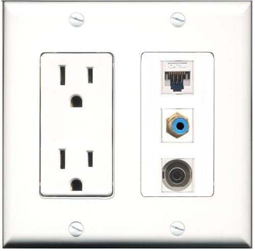 RiteAV - 15 Amp Power Outlet 1 Port RCA Blue 1 Port 3.5mm 1 Port Cat5e Ethernet White Decorative Wall Plate