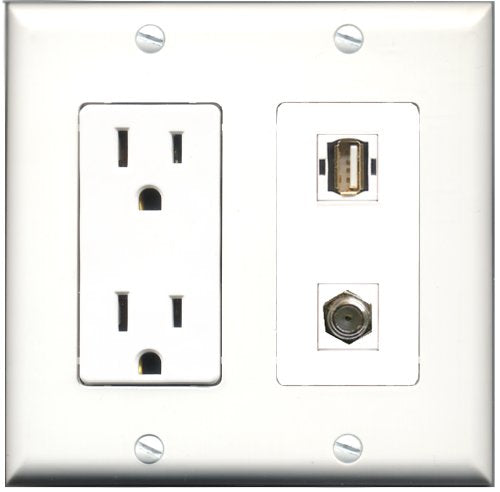 RiteAV - 15 Amp Power Outlet and 1 Port Coax Cable TV- F-Type and 1 Port USB A-A Decorative Type Wall Plate White