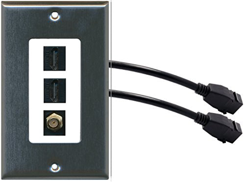RiteAV (1 Gang Decorative) 2 HDMI Black Coax Wall Plate w/ Pigtail Extension Cable Stainless Steel on White
