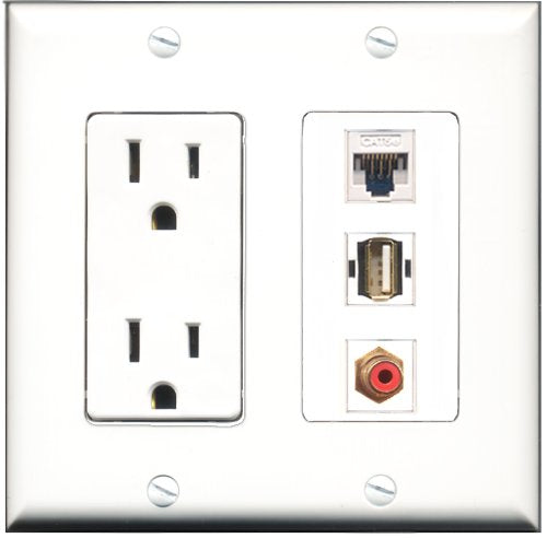 RiteAV - 15 Amp Power Outlet 1 Port RCA Red 1 Port USB A-A 1 Port Cat5e Ethernet White Decorative Wall Plate
