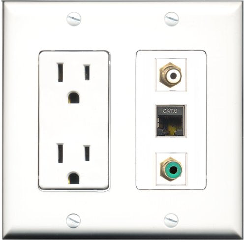 RiteAV - 15 Amp Power Outlet 1 Port RCA White 1 Port RCA Green 1 Port Shielded Cat6 Ethernet Ethernet Decorative Wall Plate