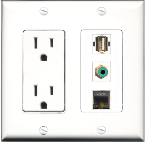 RiteAV - 15 Amp Power Outlet 1 Port RCA Green 1 Port USB A-A 1 Port Shielded Cat6 Ethernet Ethernet Decorative Wall Plate