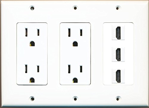 RiteAV 15 Amp 125V Power Outlets x 2 and 3 HDMI Triple Gang Wall Plate White