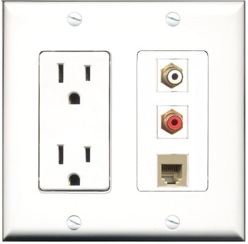 RiteAV - 15 Amp Power Outlet 1 Port RCA Red 1 Port RCA White 1 Port Phone Beige Decorative Wall Plate