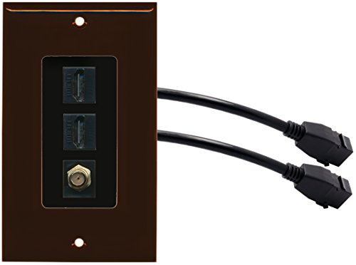 RiteAV (1 Gang Decorative) 2 HDMI Black Coax Wall Plate w/ Pigtail Extension Cable Brown (Black Insert)