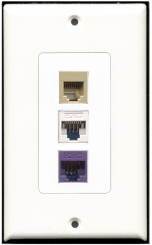 RiteAV - 1 Port Phone RJ11 RJ12 Beige 1 Cat5e Ethernet White 1 Cat5e Ethernet Purple Wall Plate Decorative