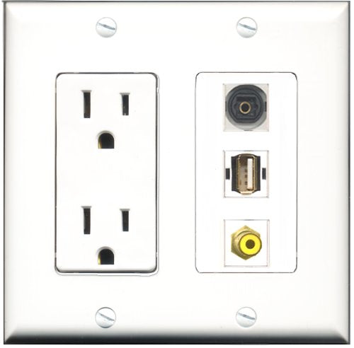 RiteAV - 15 Amp Power Outlet 1 Port RCA Yellow 1 Port USB A-A 1 Port Toslink Decorative Wall Plate