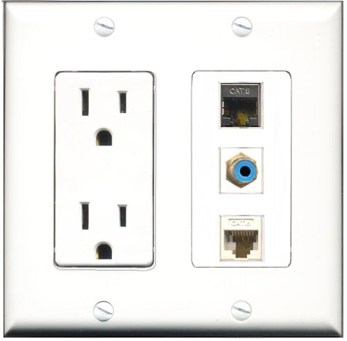 RiteAV - 15 Amp Power Outlet 1 Port RCA Blue 1 Port Shielded Cat6 Ethernet Ethernet 1 Port Cat6 Ethernet Ethernet White Decorative Wall Plate