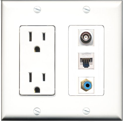 RiteAV - 15 Amp Power Outlet 1 Port RCA Blue 1 Port BNC 1 Port Cat5e Ethernet White Decorative Wall Plate