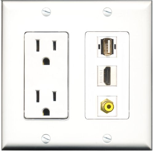 RiteAV - 15 Amp Power Outlet 1 Port HDMI 1 Port RCA Yellow 1 Port USB A-A Decorative Wall Plate