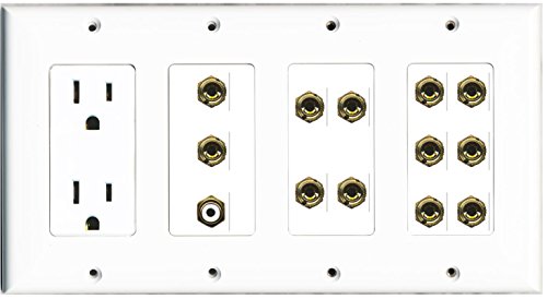 RiteAV - (4 Gang) 15A Power Outlet RCA (White) 12 Banana (For 6 Speaker) Wall Plate White