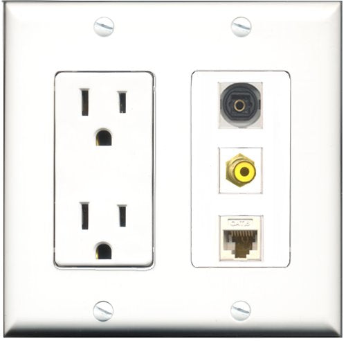 RiteAV - 15 Amp Power Outlet 1 Port RCA Yellow 1 Port Toslink 1 Port Cat6 Ethernet Ethernet White Decorative Wall Plate