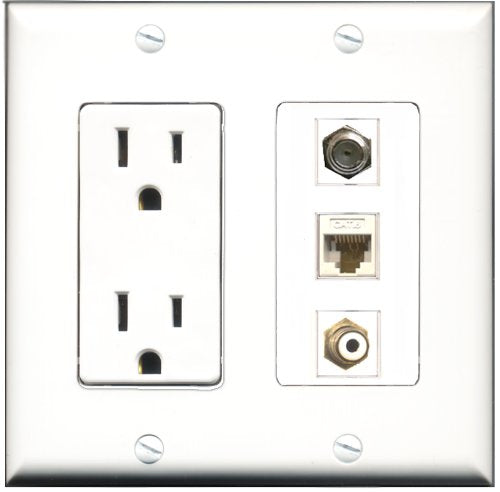 RiteAV - 15 Amp Power Outlet 1 Port RCA White 1 Port Coax 1 Port Cat6 Ethernet Ethernet White Decorative Wall Plate