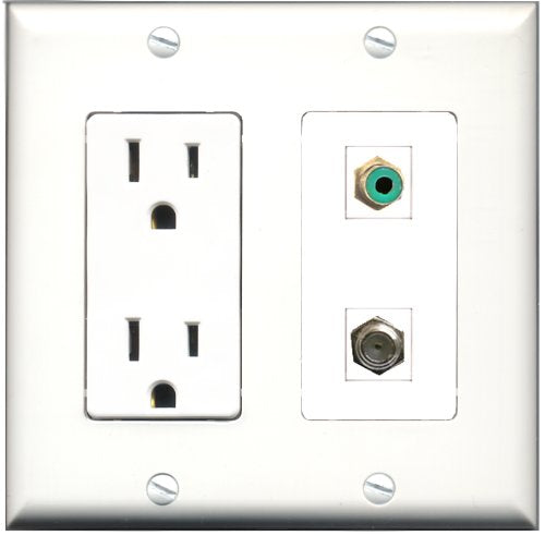 RiteAV - 15 Amp Power Outlet and 1 Port RCA Green and 1 Port Coax Cable TV- F-Type Decorative Type Wall Plate White