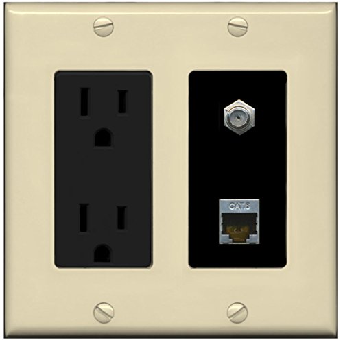 RiteAV - 15 Amp Power Outlet 1 Port Coax Cable TV- F-Type and Shielded Cat6 Ethernet Wall Plate - Ivory/Black