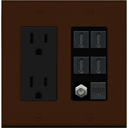 RiteAV 15A Power Outlet, 4 HDMI, 1 Cat5e Ethernet, 1 Coax Cable TV Wall Plate - Brown/Black