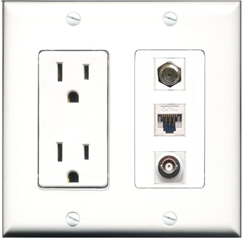 RiteAV - 15 Amp Power Outlet 1 Port Coax 1 Port BNC 1 Port Cat5e Ethernet White Decorative Wall Plate