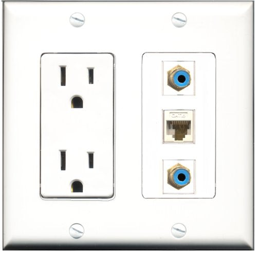 RiteAV - 15 Amp Power Outlet 2 Port RCA Blue 1 Port Cat6 Ethernet Ethernet White Decorative Wall Plate