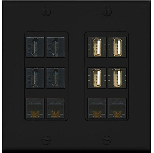 RiteAV - (2 Gang Decorative) 4 USB A-A (Black) 4 HDMI Black 4 Cat6 Wall Plate Black