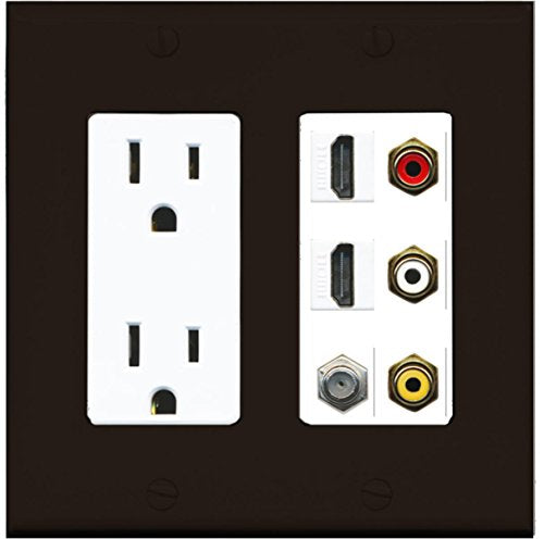 RiteAV - 2 x 15 Amp 125V Power Outlet 3 x RCA - 2 X HDMI and 1 x Coax Cable TV Port Wall Plate - Brown/White
