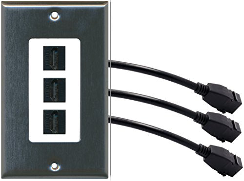 RiteAV (1 Gang Decorative) 3 HDMI Black Wall Plate w/ Pigtail Extension Cable Stainless Steel on White