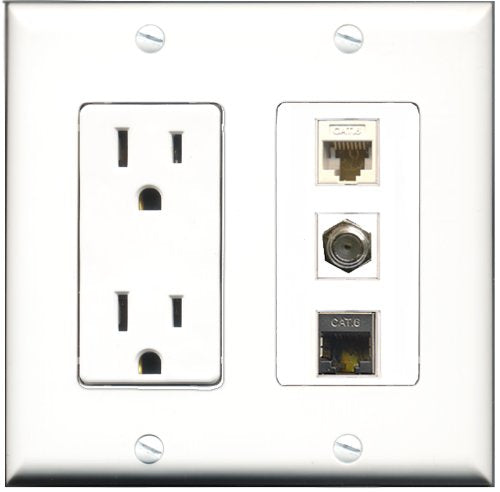 RiteAV - 15 Amp Power Outlet 1 Port Coax 1 Port Shielded Cat6 Ethernet Ethernet 1 Port Cat6 Ethernet Ethernet White Decorative Wall Plate