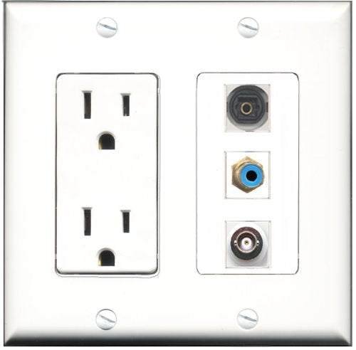 RiteAV - 15 Amp Power Outlet 1 Port RCA Blue 1 Port Toslink 1 Port BNC Decorative Wall Plate