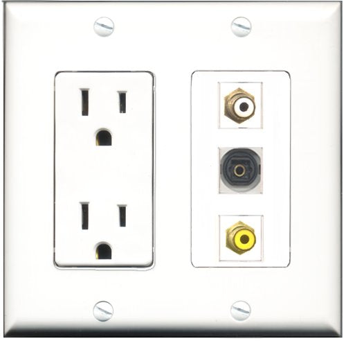 RiteAV - 15 Amp Power Outlet 1 Port RCA White 1 Port RCA Yellow 1 Port Toslink Decorative Wall Plate